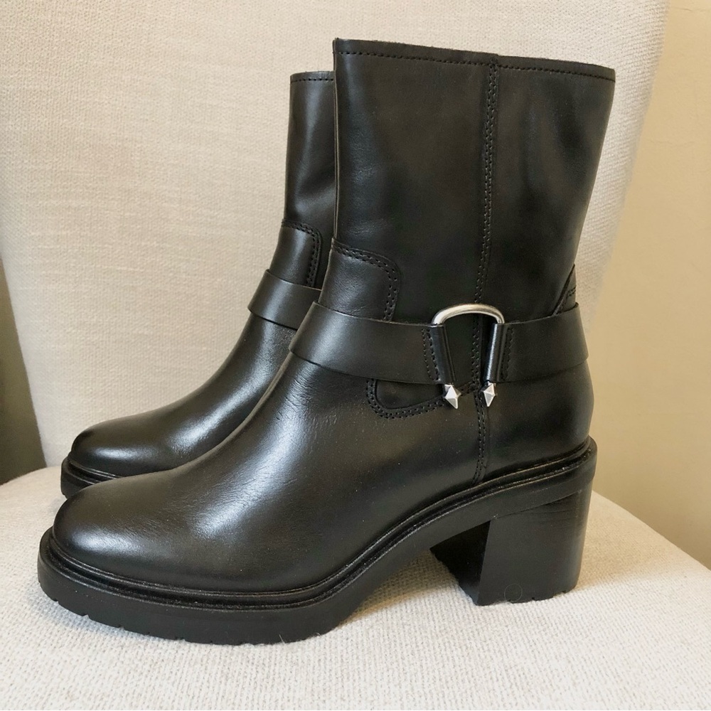 Dolce Vita Black Leather Camros Mid Calf Heeled Moto Bootie